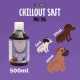 Flasche "Chillout Saft" (500ml) für Hunde, mit Dosierungsanweisungen für verschiedene Gewichte, illustriert durch Cartoon-Hunde.