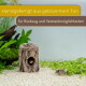 Keramisches Stumpfversteck mit Fischen und Corydoras; Text: 'Handgefertigt aus gebranntem Ton; für Rückzug und Versteckmöglichkeiten'.