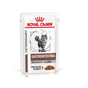 Royal Canin Veterinary Gastrointestinal Katzenfutterbeutel mit einer grauen getigerten Katze, gekennzeichnet mit "Moderate Calorie" und "Thin Slices in Gravy."