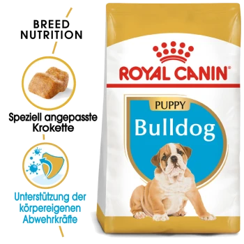 Royal Canin Bulldog Puppy Hundefutterbeutel mit einem Bild eines Welpen, mit Text, der die Rassenernährung und die Unterstützung des Immunsystems hervorhebt.