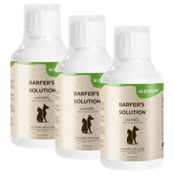 Flasche BARFER'S SOLUTION Lachsöl für Hunde und Katzen, 500 ml, mit einem beigen Etikett, das die Silhouette eines Hundes und einer Katze zeigt.