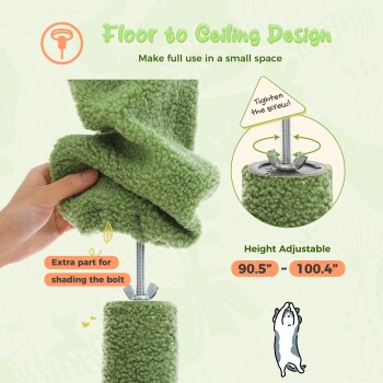 Grüner, flauschiger Haustier-Kletterpfosten wird angepasst, mit "Boden-zu-Decke-Design", "Höhenverstellbar 90,5" ~ 100,4"" und "Bolzenabdeckung."