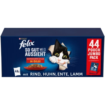 Felix kattenvoer jumbo verpakking met 44 zakjes, rundvlees, kip, eend, lam in gelei, met een zwart-witte kat.