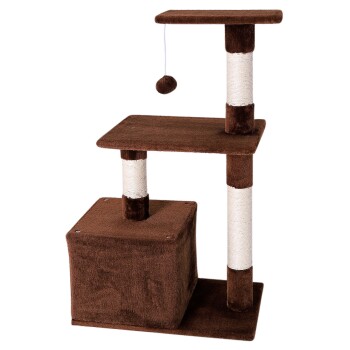 Brauner Katzenbaum mit zwei Plattformen, einem Kratzbaum und einem hängenden Spielzeugball. Ideal für das Spielen und Entspannen von Katzen.