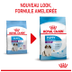 Comparaison de l'emballage de la nourriture pour chiots Royal Canin, présentant des formules "Giant" pour chiots et chiens de plus de 45 kg, avec un nouveau look et une formule améliorée.