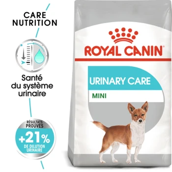 Sac de nourriture pour chiens Royal Canin Urinary Care Mini avec une illustration d'un petit chien, avec un texte mettant en avant les bienfaits pour la santé urinaire et des résultats prouvés.