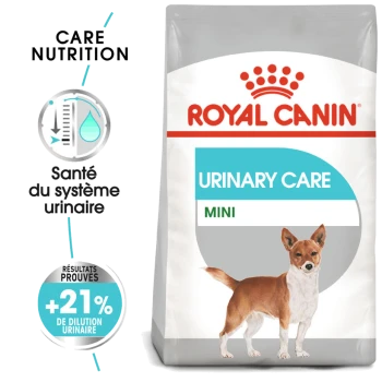 Sac de nourriture pour chiens Royal Canin Urinary Care Mini avec une illustration d'un petit chien, avec un texte mettant en avant les bienfaits pour la santé urinaire et des résultats prouvés.