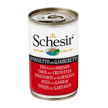 Dose Schesir Katzenfutter mit Thunfisch und Garnelen, beschriftet in mehreren Sprachen: Italienisch, Englisch, Französisch, Deutsch, Spanisch und Niederländisch.