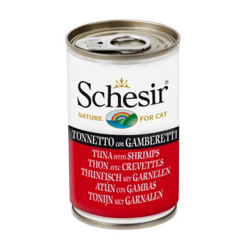 Dose Schesir Katzenfutter mit Thunfisch und Garnelen, beschriftet in mehreren Sprachen: Italienisch, Englisch, Französisch, Deutsch, Spanisch und Niederländisch.