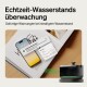 Intelligenter Haustier-Wasserspender mit Wasserstandswarnung auf einem Smartphone-Bildschirm, neben einer Haustierpflegezeitschrift.