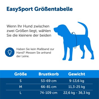 EasySport Größenübersicht für Hunde, mit einer blauen Silhouette eines Hundes und Größenempfehlungen basierend auf Brustmaßen und Gewicht.