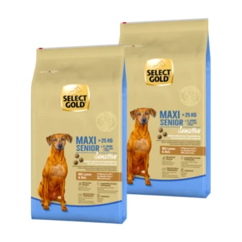 Dwie torby karmy dla psów Select Gold dla psów starszych, oznaczone "MAXI SENIOR >25 KG" z obrazkiem brązowego psa, z napisem "Z jagnięciną i ryżem."