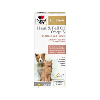 Flasche Haut & Fell Öl Omega-3 für Katzen und Hunde, mit einem Hund und einer Katze auf dem Etikett, mit Text, der Zutaten und Vorteile beschreibt.