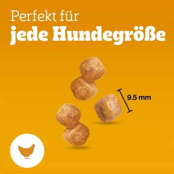 Hundefutter-Kroketten mit 9,5 mm Durchmesser, beschriftet mit „Perfekt für jede Hundgröße“ auf Deutsch mit Hühnersymbol.