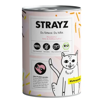 BIO 6x400g Ente und Süßkartoffel Dose STRAYZ Nassfutter für Katzen mit Ente und Süßkartoffel, mit 95% Fleischgehalt, Bio-Zertifizierung und einer Spendenbotschaft.