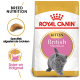 Royal Canin British Shorthair kittenvoedselzak met een grijze kitten, met tekst die de voeding voor het ras en de specifieke brokvorm benadrukt.
