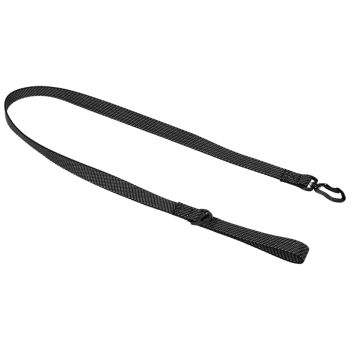 Black pet leash with a mesh design and a sturdy clip for attachment, laid flat against a white background.
