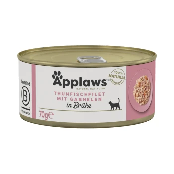 Applaws natuurlijke kattenvoer blik, met tonijnfilet met garnalen in bouillon, 70g, gelabeld als 100% natuurlijke ingrediënten.