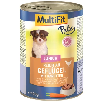 Dosen-Hundefutter mit der Aufschrift "MultiFit Paté," mit einem Welpen-Graphic, mit dem Text "Junior, reich an Geflügel mit Karotten" in mehreren Sprachen.