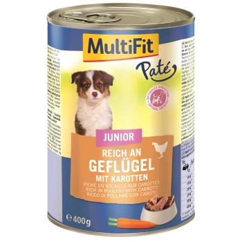 Dosen-Hundefutter mit der Aufschrift "MultiFit Paté," mit einem Welpen-Graphic, mit dem Text "Junior, reich an Geflügel mit Karotten" in mehreren Sprachen.
