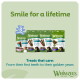 Whimzees Wellness dog dental treat packages and dogs, with headline "Smile for a lifetime" and subtext "Treats that care."