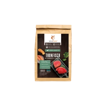 Premium-Hundefutterbeutel mit Thunfisch, Süßkartoffel und Brokkoli. Text hebt hervor: "THUNFISCH", "gesunde und natürliche Zutaten" und "2 kg."
