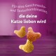 Katzenleckerlis in verschiedenen Formen und Farben auf einer Holzoberfläche, mit einem Text auf Deutsch, der besagt: "Für eine Geschmacks- und Texturkombination, die Ihre Katze lieben wird."