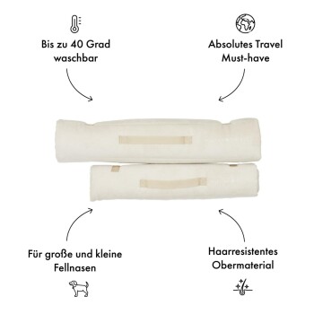 Cremefarbener Reisehundebett mit Griffen, waschbar bis 40°C, geeignet für alle Hundgrößen und aus haresistentem Material gefertigt.