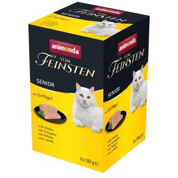 Verpackung von Animonda Vom Feinsten Senior Katzenfutter, mit einer weißen Katze, mit Text, der "mit Geflügel" und "6 x 100 g" angibt.