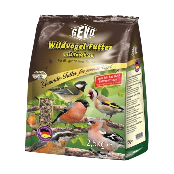 GEVO Wildvogelfutter mit Insekten, 2,5 kg Beutel mit Bildern verschiedener Vögel und deutschem Text.