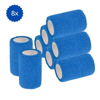 Acht Rollen blauer selbstklebender Verbandwickel, die in einer pyramidenförmigen Anordnung gestapelt sind, ideal für die Pflege von Haustieren und Erste Hilfe.