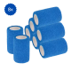 Acht Rollen blauer selbstklebender Verbandwickel, die in einer pyramidenförmigen Anordnung gestapelt sind, ideal für die Pflege von Haustieren und Erste Hilfe.