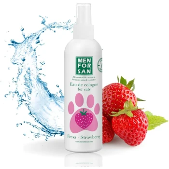 Flasche MEN FOR SAN Eau de Cologne für Katzen, mit einem rosa Pfotenabdruck und Erdbeer-Grafiken, mit Wasserspritzern im Hintergrund.