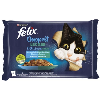 Geschmacksvielfalt Wasser Gelee 12x85g Eine Tüte Felix Katzenfutter mit einer verspielten schwarz-weißen Katze, die durch die zerrissene Verpackung schaut, mit 'Doppelt Lecker' und Fischgeschmack.