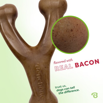 Benebone small wishbone dog chew toy in bacon flavor, suitable for dogs under 30 lbs, with a playful dog graphic on packaging.