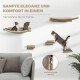 Zwei Katzen entspannen sich auf einer wandmontierten Hängematte mit Regalen. Text: "Sanfte Eleganz und Komfort" und "Verwöhne deine Katze." Nahaufnahme eines waschbaren Bezugs.