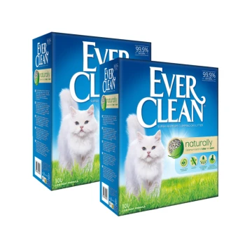 Naturally 2x10 l Zwei Schachteln Ever Clean super premium klumpende Katzenstreu, mit einer weißen Katze auf der Vorderseite, beschriftet mit "natürlich" und "99,9% natürlich."