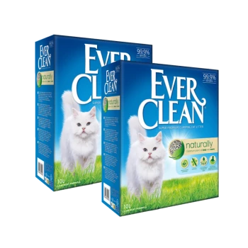 Zwei Schachteln Ever Clean super premium klumpende Katzenstreu, mit einer weißen Katze auf der Vorderseite, beschriftet mit "natürlich" und "99,9% natürlich."