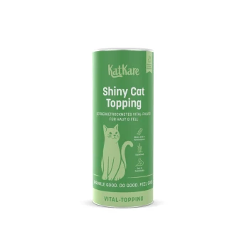 Grüne KatKare-Dose mit der Aufschrift 'Shiny Cat Topping', Katzenillustration, 'Vital-Topping' und dem Slogan 'Sprinkle good. Do good. Feel good.'