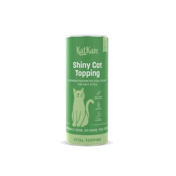 Grüne KatKare-Dose mit der Aufschrift 'Shiny Cat Topping', Katzenillustration, 'Vital-Topping' und dem Slogan 'Sprinkle good. Do good. Feel good.'