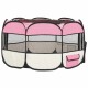 Ein pink-weißes Haustier-Spielgehege mit Netzseiten, mit einer kleinen Tasche an der Seite zur Aufbewahrung.