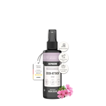 ALPHAZOO Force Zeck-Attack Zeckenabwehrspray für Hunde und Katzen, ausgestattet mit einer schwarzen Sprühflasche mit pink-weißer Etikettierung und floralen Akzenten.
