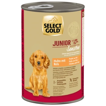 Select Gold Junior Sensitive Hundefutterdose, Huhn mit Reis Geschmack, glutenfrei, für Hunde unter 1 Jahr.
