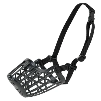 Maulkorb Kunststoff XL Schwarze Hundemaske mit einem Netzdesign und verstellbaren Nylonriemen, geeignet für die Sicherheit von Haustieren während Spaziergängen.