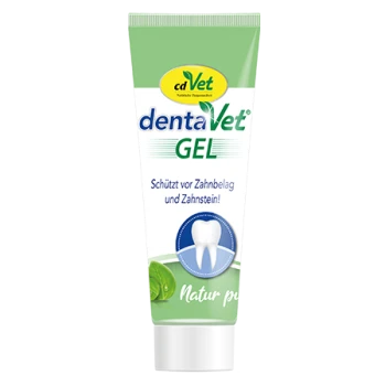 Tube von cdVet dentaVet GEL, entwickelt zum Schutz gegen Plaque und Zahnstein, mit einer Zahn-Grafik und grüner Verpackung.