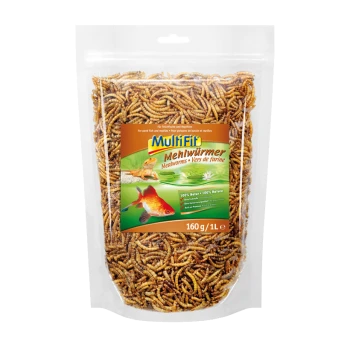 Un sac en plastique transparent rempli de vers de farine, étiqueté "Multifit Mehlwürmer" pour poissons de bassin et reptiles, 160g, 100% naturel.