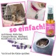 Anzeige für "COOLness Kitty" mit einer Katzengrafik, Anweisungen, Lavendelzweig und einer Katze, die aus einem gemütlichen Bett schaut. Text: "so einfach!"