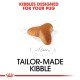 Kibble shaped like a pug with the text "KIBBLES DESIGNED FOR YOUR PUG" and "TAILOR-MADE KIBBLE" below.