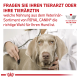 Tierarzt untersucht das Ohr eines Hundes mit einem Stethoskop, begleitet von einem Text, der die veterinärmedizinische Ernährung von Royal Canin bewirbt.