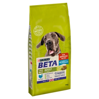 Purina Beta Large Breed Adult dog food bag (14kg) with a gray dog, highlighting turkey as the main ingredient and no artificial additives.